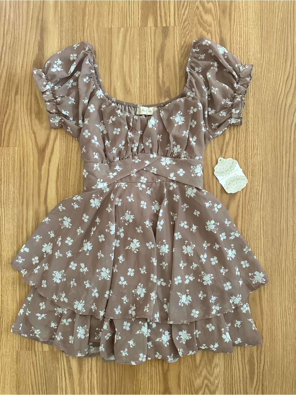 NWT Altar’d State Brown Floral Tiered Puff Sleeve Mini Romper Dress